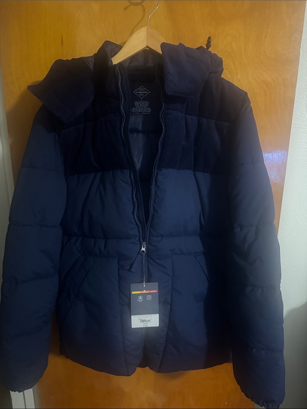 Navy Puffer Jacket Mens Large Corduroy Hood